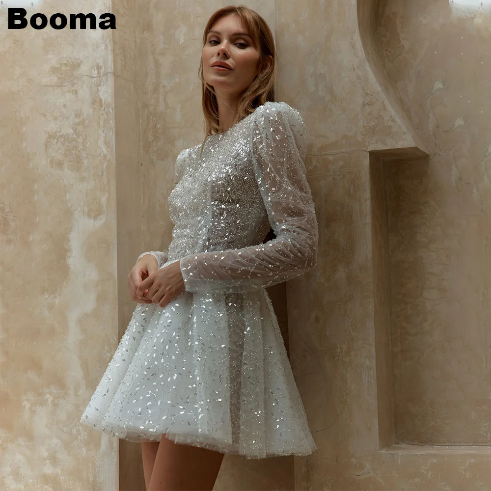 

Booma Glitter Short Wedding Dresses High Neck Long Sleeves Bride Party Dresses for Women Sequined A-Line Bridals Prom Gowns