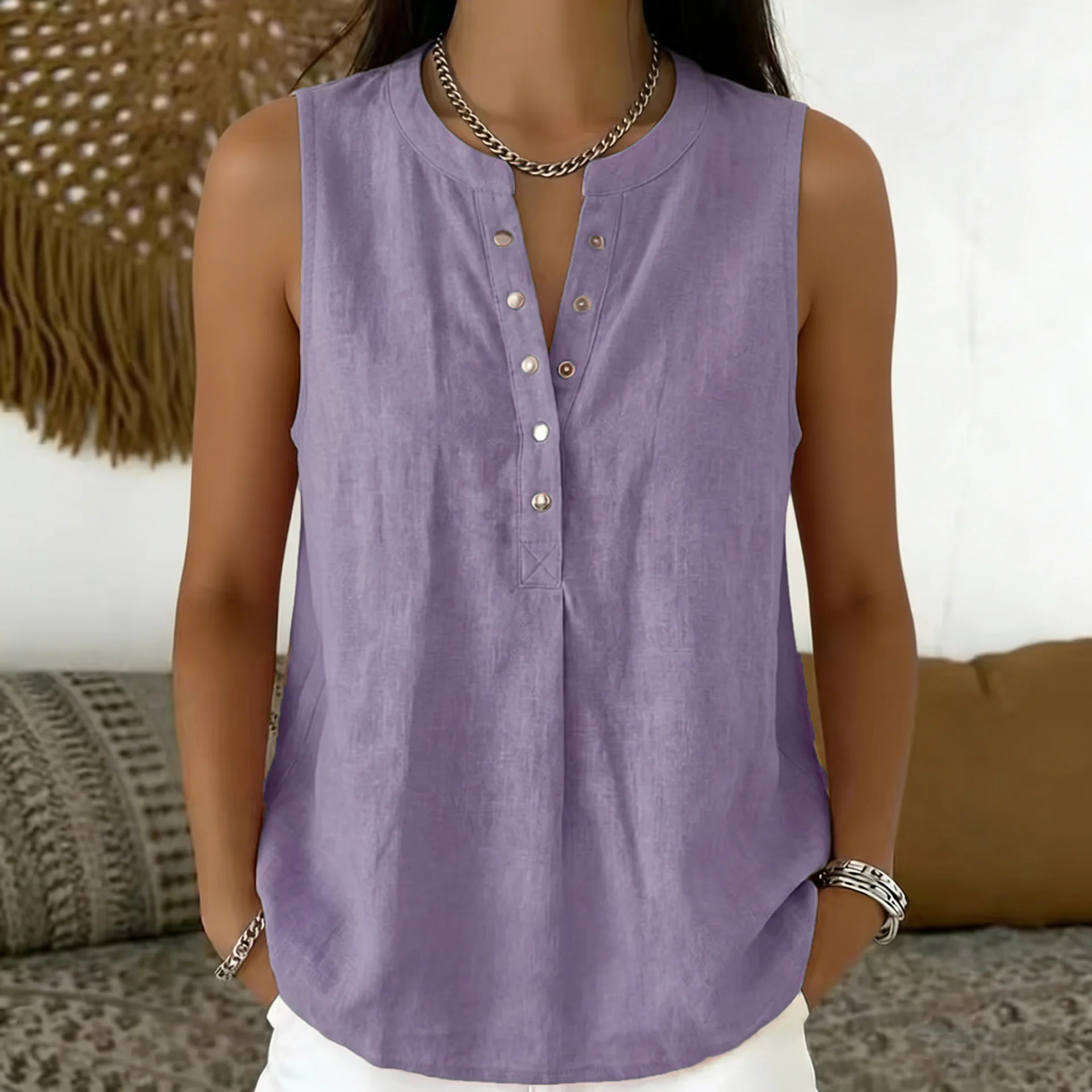 2026 Women's Sleeveless Blouses Shirts Casual Cotton Linen V-Neck Solid Color Button Tank Tops Plus Size Summer Loose Shirt Tops