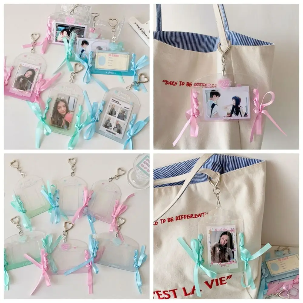 With Keychain DIY Ribbon Photocard Holder PVC Card Cover Love Heart Pendant Idol Card Display Protector Korean Style Picture