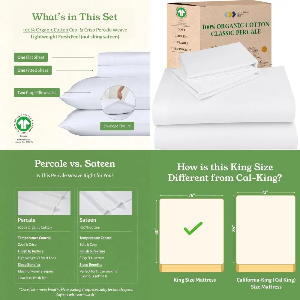 

Элитный комплект постельного белья из органического хлопка King Size - перкаль с глубокими карманами, дышащий и прочный, белый