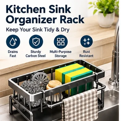 Kitchen Sink Organizer Rack Carbon Steel Rust Resistant Fast Draining Sink Caddy Holder for Sponge Brush Dishcloth Kitchen Count