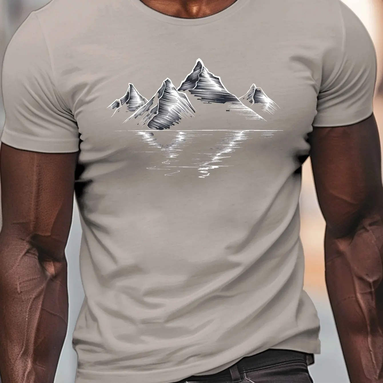 Men's Casual Royal T-Shirt with Serene Mountain Range Print Crew Neck, Short Sleeve Top Men Clothing Comfortable