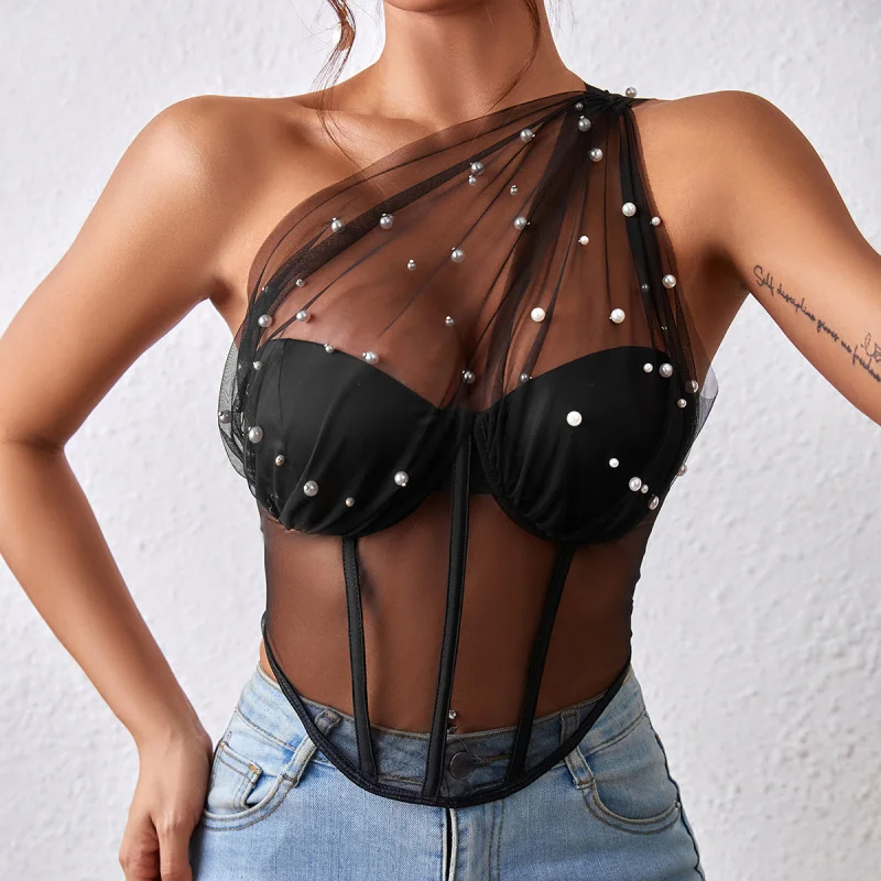 

Hot Girl Perspective Mesh Wrapped Chest, Steel Ring, Fishbone Slim Fit Waist, Diamond Shaped Vest