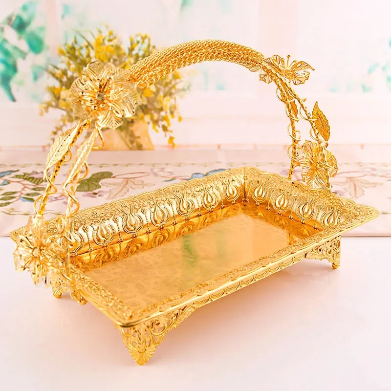 

Gold Metal Single Layer Fruit Snack Basket Hotel KTV Living Room Multi Purpose European Classic Style Basket Basket Table Snacks