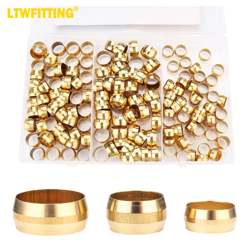 

LTWFITTING Assortment Kit 3/8 7/16 1/2 Inch OD Compression Sleeves Ferrules, Brass Compression Fittings(Pack of 150)