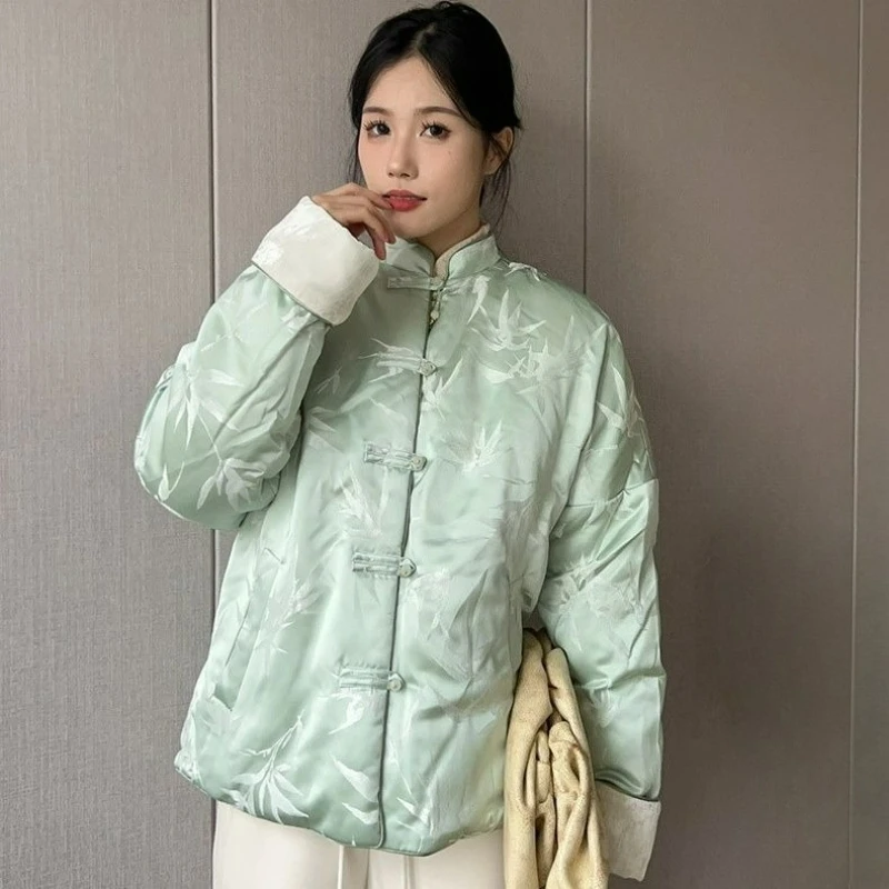

New Chinese Style Bamboo Leaf Printed Cotton Jacket for Women Winter 2026 New Thick Warm Cotton Coats for Tang Style Clothing