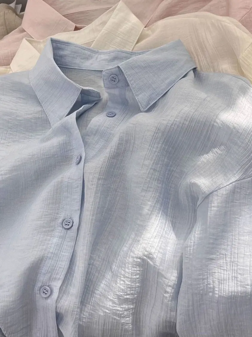 

Blue Sun Protection Silk Texture irt Women's Summer Lightweight Drifting Casual Long Sve irt Jaet Loose Fit Collar