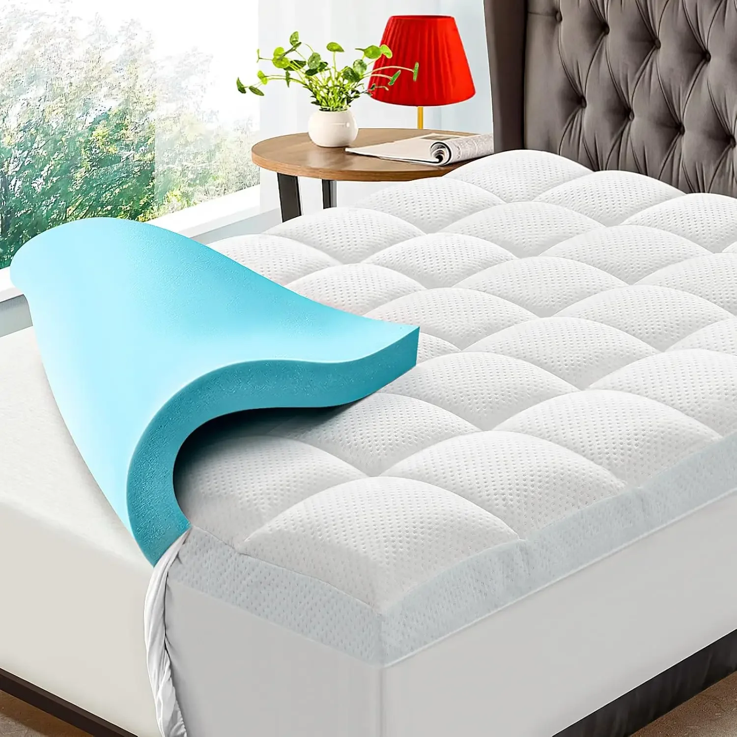 Memory Foam Mattress Topper - Dual Layer with Cooling Gel and Viscose from Bamboo Cover - Medium Support