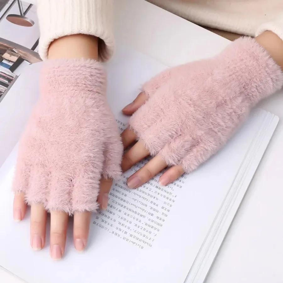 Guantes de Cachemira de visón de imitación para hombre y mujer, manoplas cálidas de lana para escritura con pantalla táctil, para conducir y deportes al aire libre, medio dedo, Invierno