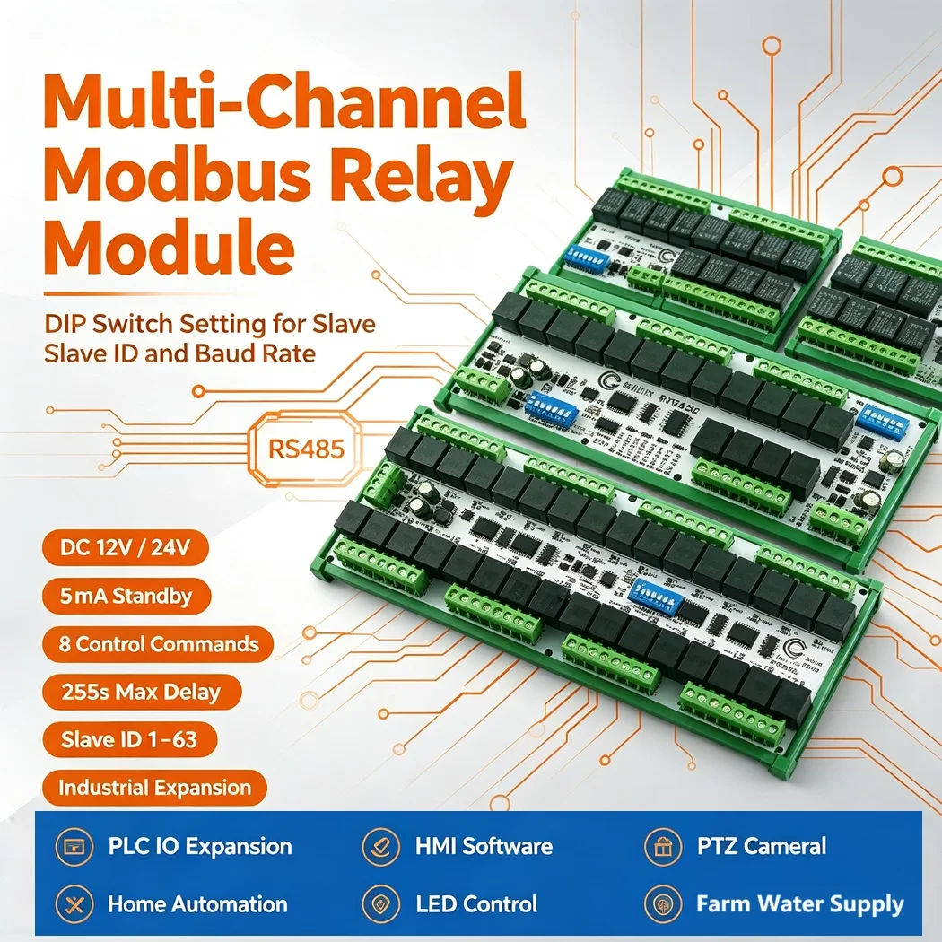 4-32CH Modbus RTU Relay Module DC12V/24V RS485 DIP Switch Set ID & Baud Rate 8 Modes PLC IO Expansion Industrial Automation
