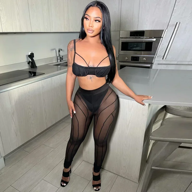 

KEXU Fashion Beach Women Two Piece Set Outfit Sweatsuit Sleeveless Bodysuit and Mesh Legging Matching Set Basic Tracksuit