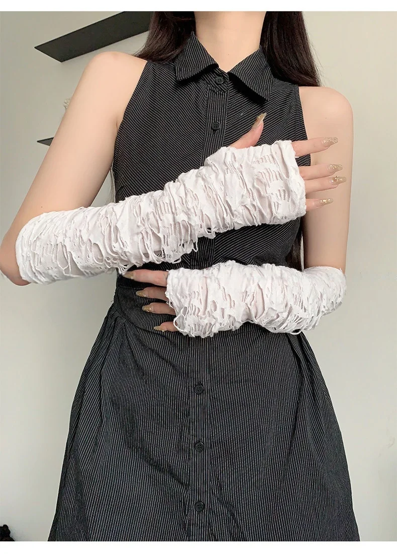 Moon Girl 2026 Ripped Y2K Grunge Sun Protection Arm Sleeves Women Street Culture Long Fingerless Knit Arm Warmers