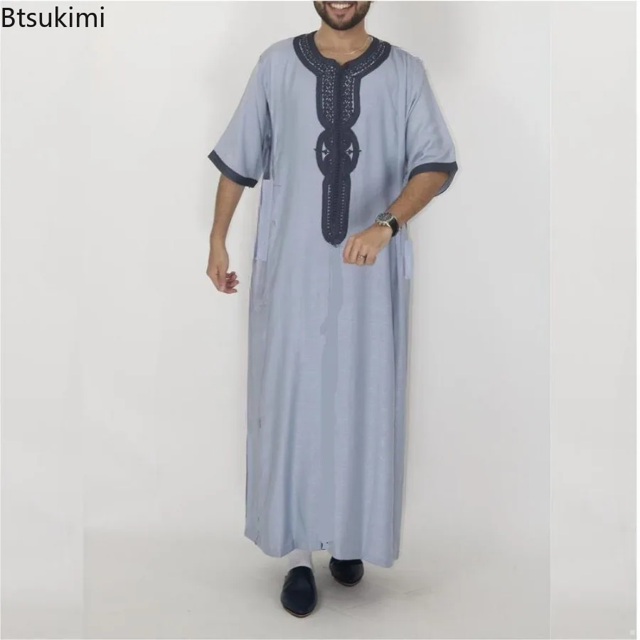 2025 hombres Moda musulmana Abayas ropa islámica estilo étnico bordado Jubba Thobes caftán marroquí Eid oración vestido largo Homme