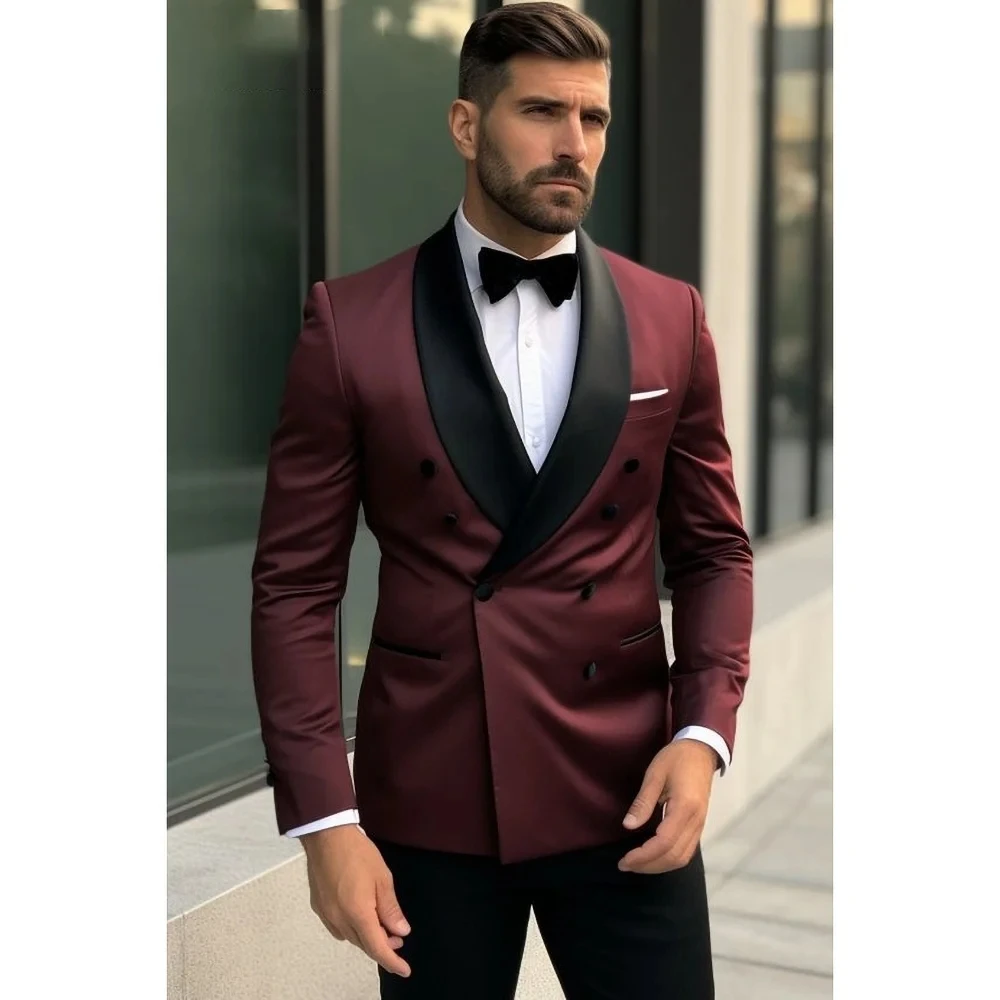 

Formal Solid Men Suits 2 Piece Burgundy Blazer Black Pants) Shawl Lapel Double Breasted Wedding Tuxedo Party Dinner Elegant Suit