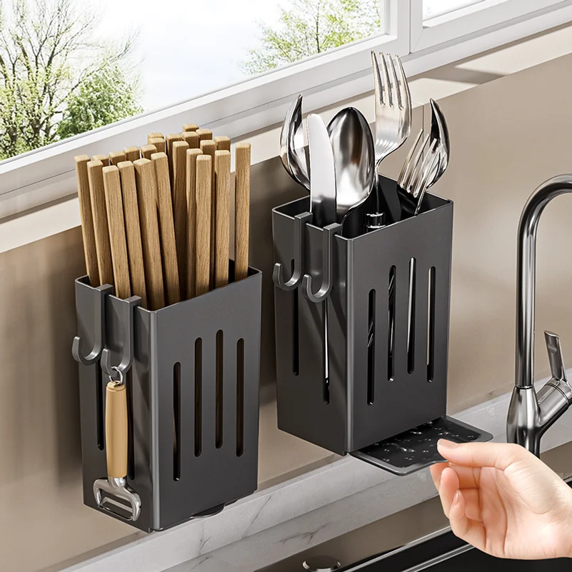 Household high-value chopsticks tube wall-mounted non-perforated drain storage rack kitchen spoon chopsticks cage wholesale