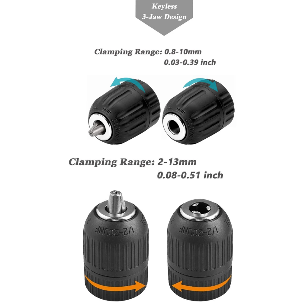 10mm/13mm Keyless Drill Chuck, 1/2in 3/8in Hex Shank/SDS-Plus/Square Quick Grip Adapter, Chuck for Drill Bit Screwdriver&Sockets