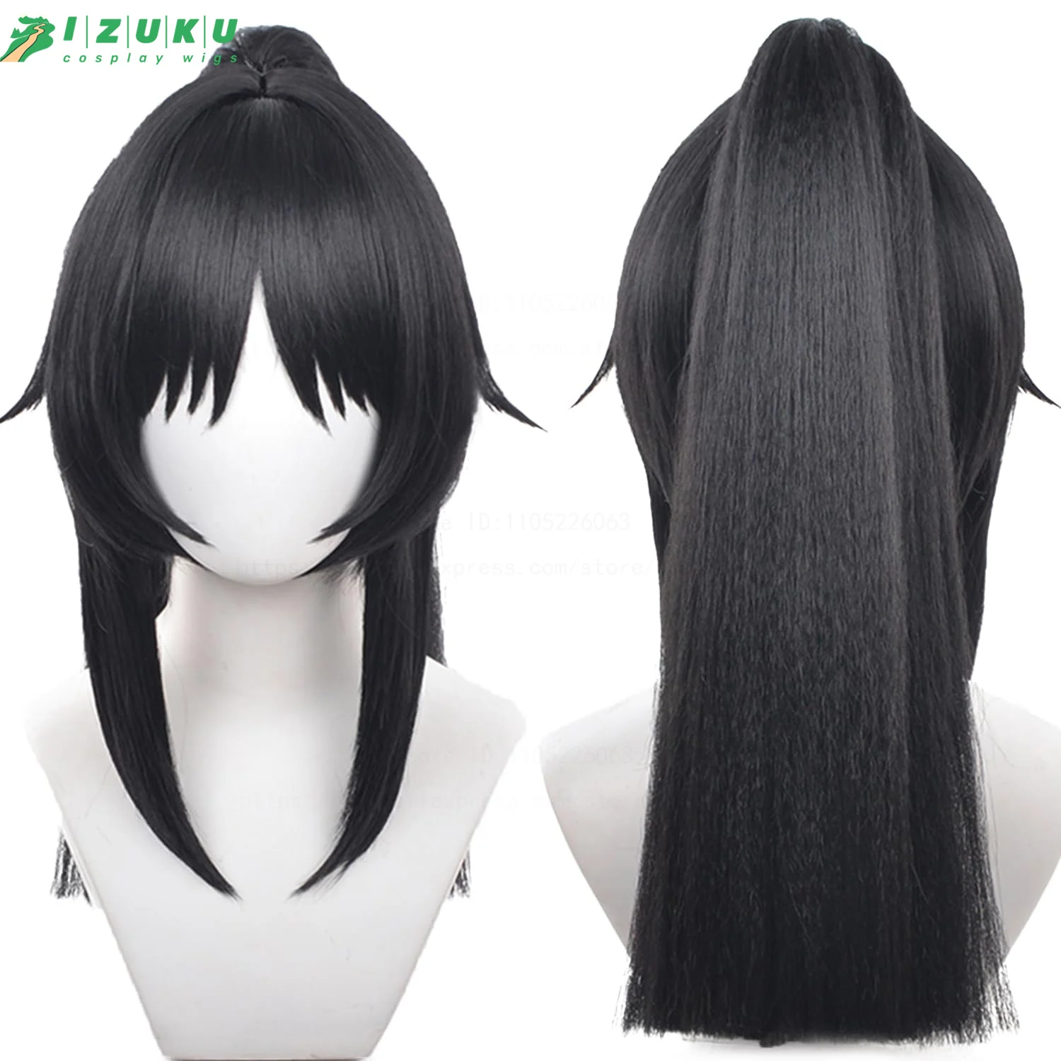 Hochwertige Ayano Aishi Cosplay-Perücke, 53 cm, schwarz, abnehmbarer Pferdeschwanz, hitzebeständiges Kunsthaar, Anime-Cosplay-Perücken + Perückenkappe