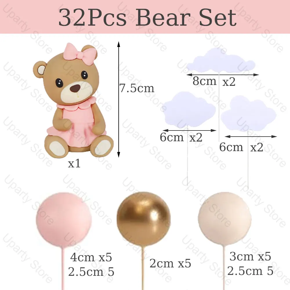 32Pcs Bear Cake Toppers Blue Pink Cake Balls Brown Bear Cake Decorations for Baby Shower 1st Birthday Party Cake Decor Favor
