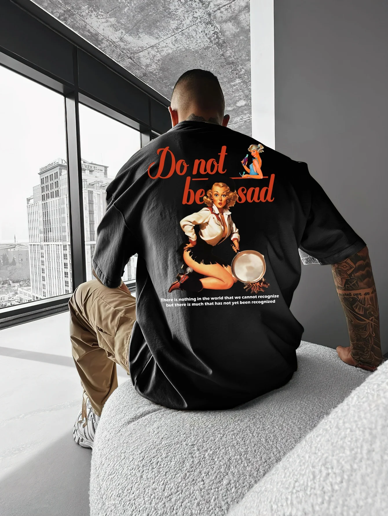 Men Oversized T Shirt Do Not Be Sad Vintage Pin Up Girl Back Print Crew Neck Short Sleeve Retro Street Loose Casual Tee
