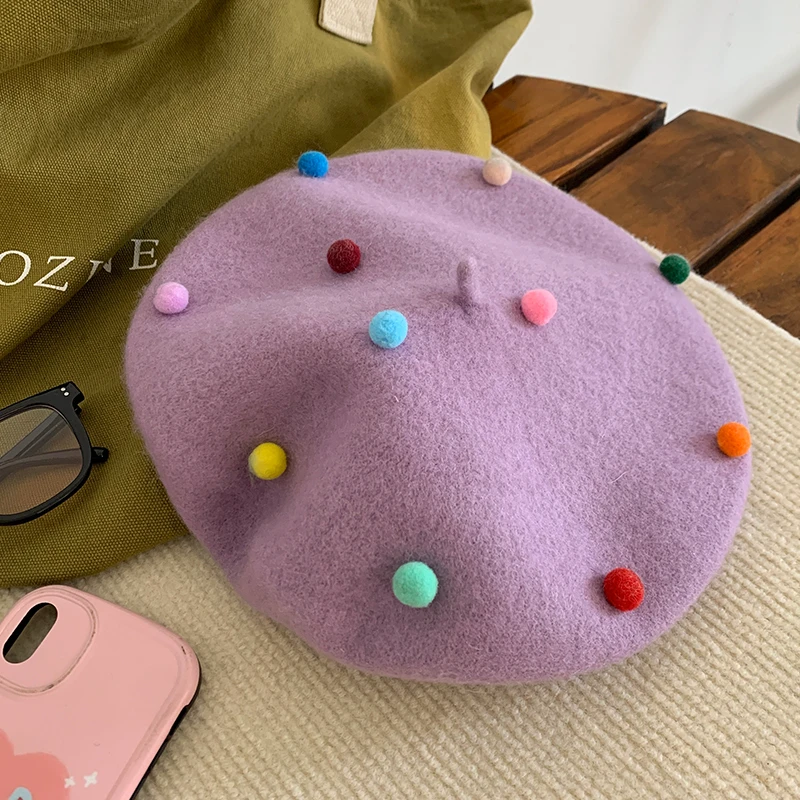 RH Girls Beanies Artist Painter Hat Sugar Bean Little Ball Woolen Felt Cute Sweet Women Beret Hat