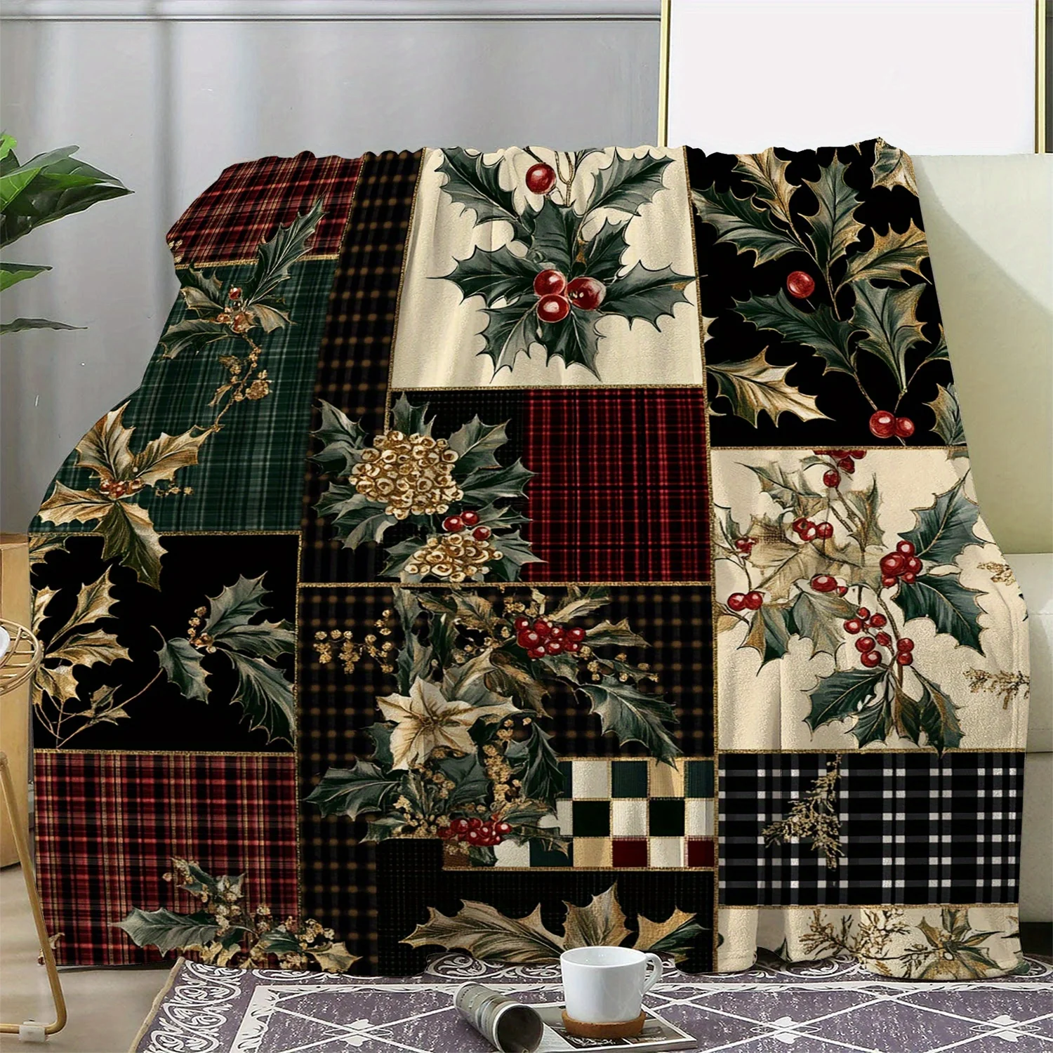 1pc Flannel Throw Blanket, Christmas Plaid with Red Berries Print, Soft Cozy Warm Blanket for Sofa Bed Car Office Camping Travel