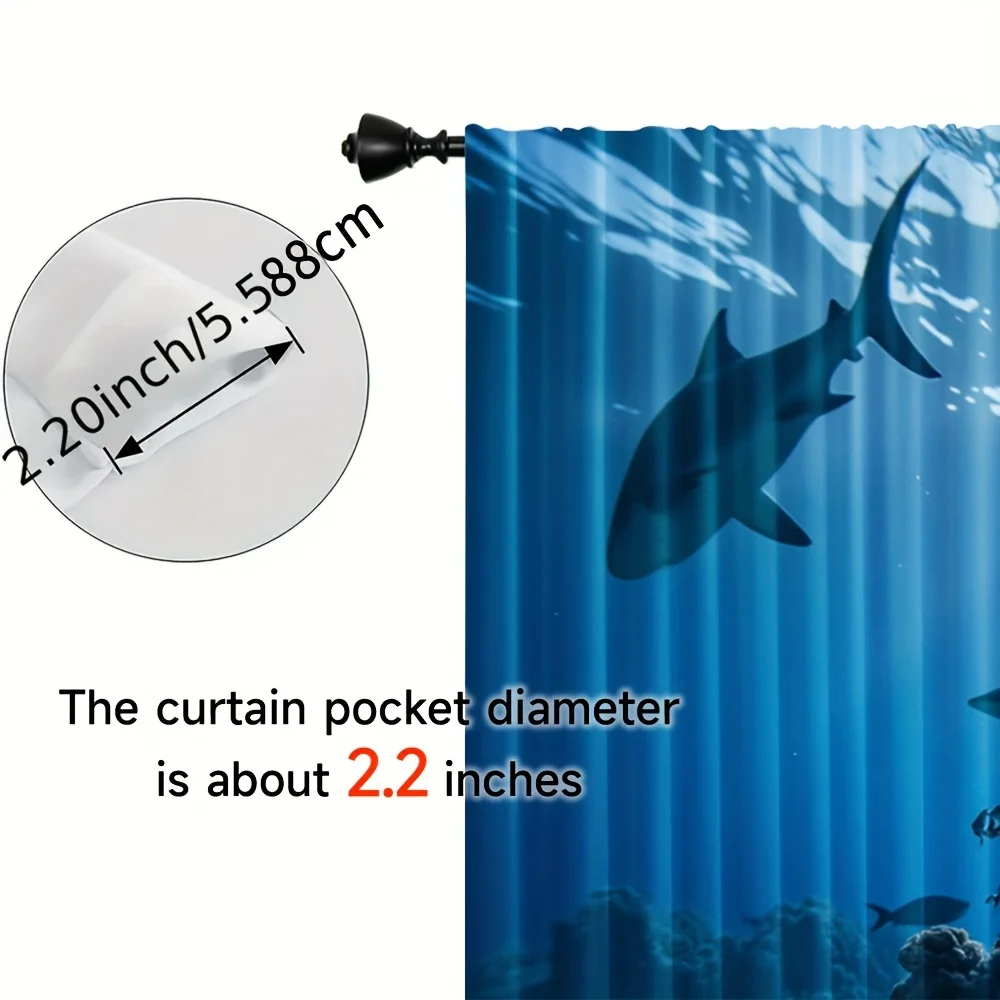 Underwater Shark Coral Window Curtains 2 Panels, Blue Ocean Sunray Small Fish Silhouette Drapes Boys Marine Bedroom Decoration
