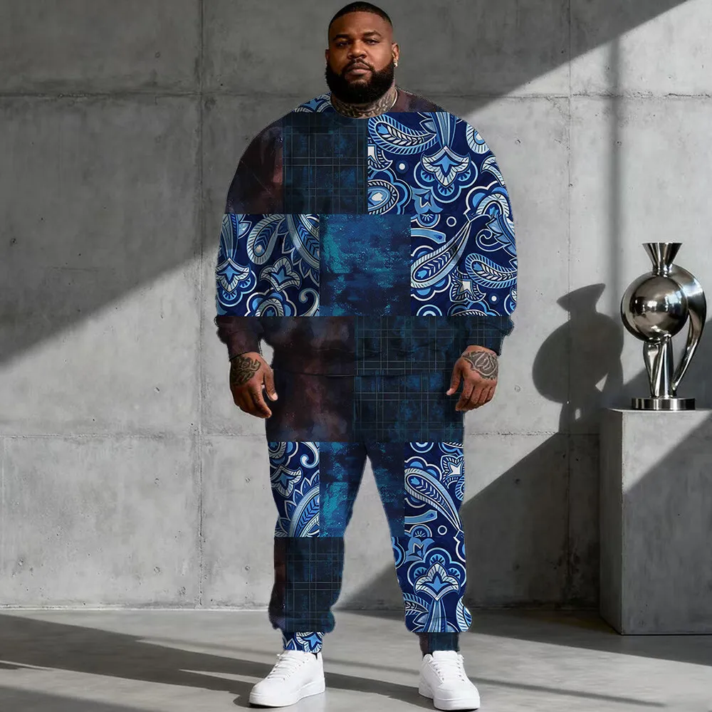 

S-9xl Комплект толстовок больших размеров с капюшоном большого и высокого размера с этнической атмосферой — модный из двух предметов, из дышащего материала, ретро-племенный дизайн