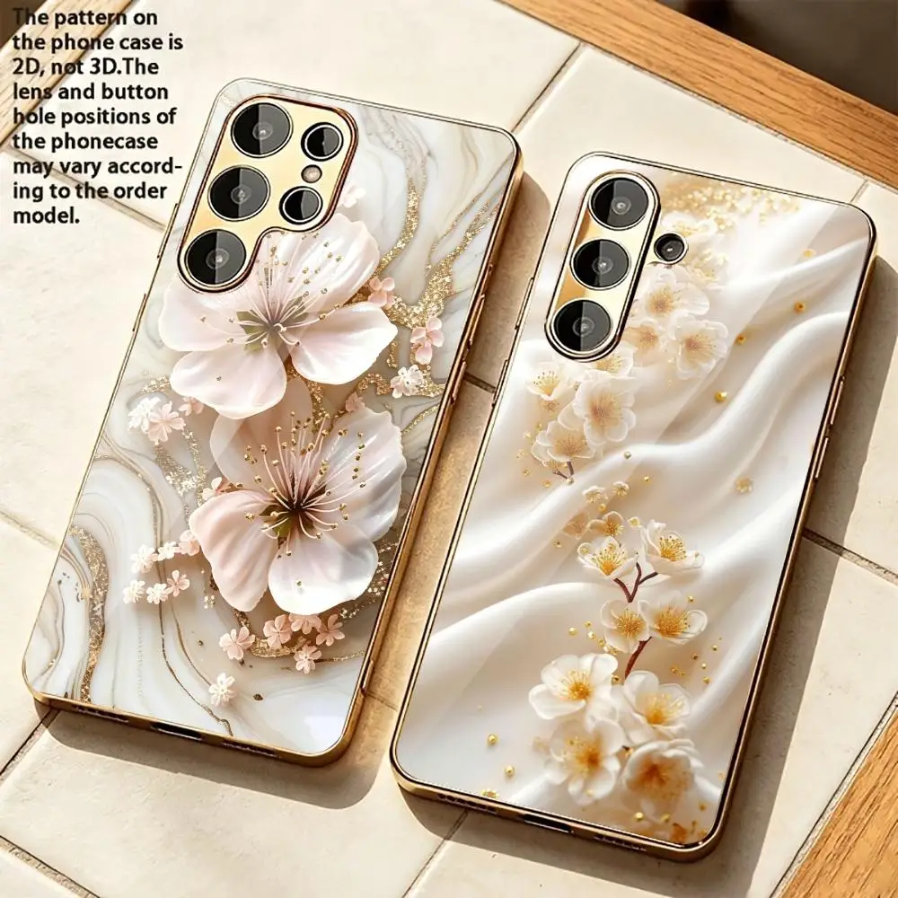 Gold pink flower pattern glass phone case for Samsung Galaxy S26 S25 S24 S23 S21 S20 fe/plus/Ultra hard case back cover