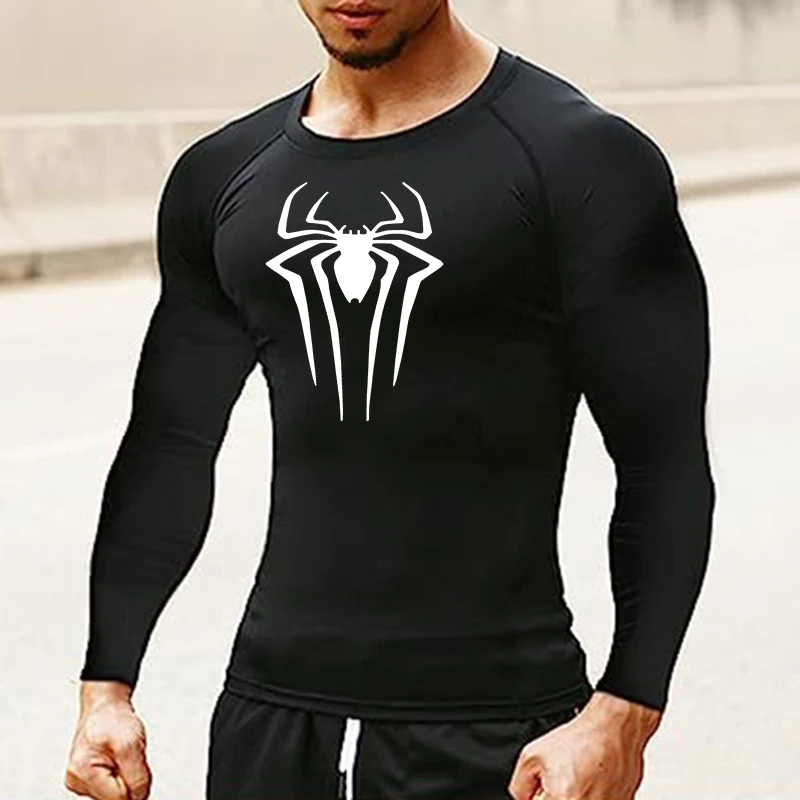 Spider Print Long Sleeve Compression Shirts for Men Gym Workout Rash Guard Undershirts Baselayers Athletic Quick Dry Tees Tops