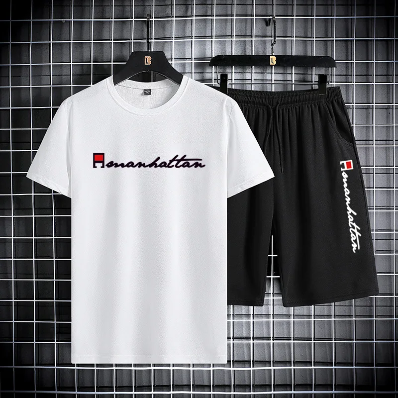 

New Fashion Brand Sports Set Men's Short Sleeve T-shirt Korean Fit Fashion Print Summer Thin Set