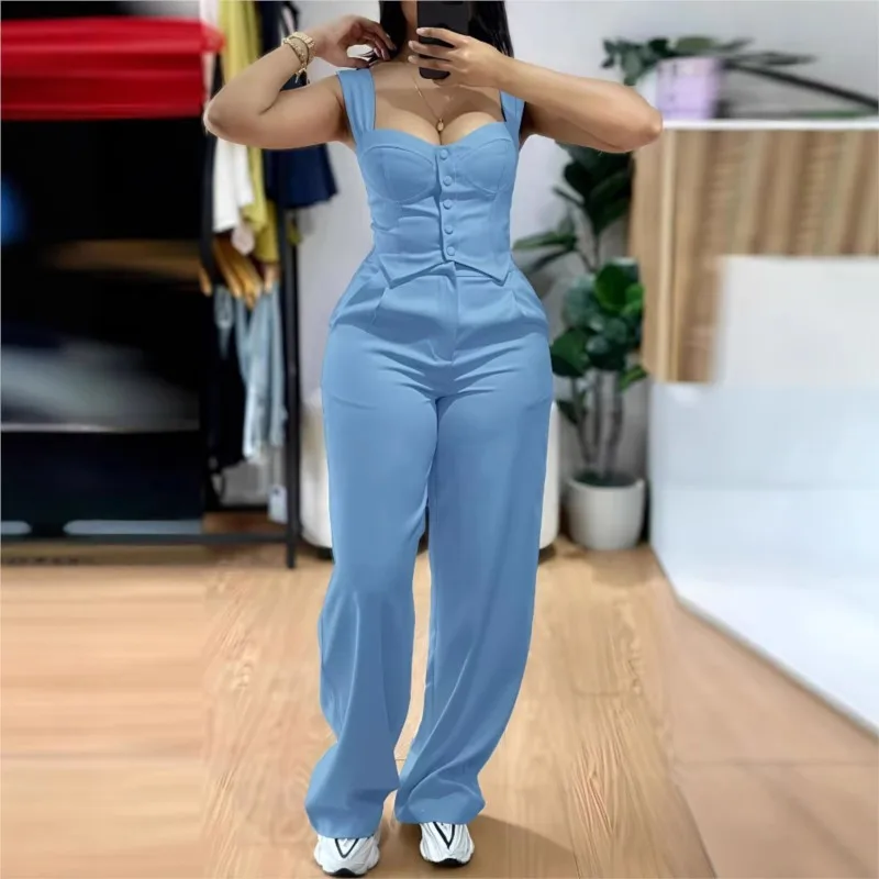 

Chic Office Ladies Suit Sexy 2 Piece Set Summer Sleeveless Slim Vest Wide-leg Trouser Sets Elegant Solid Pants Women's Outfit