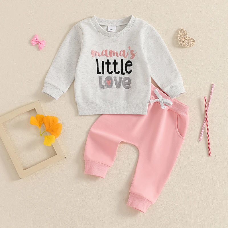 0-24months Toddler Girls Outfit with Embroidered Letters Long Sleeve Sweatshirt and Stretchy Pants Baby Girls Clothing Set