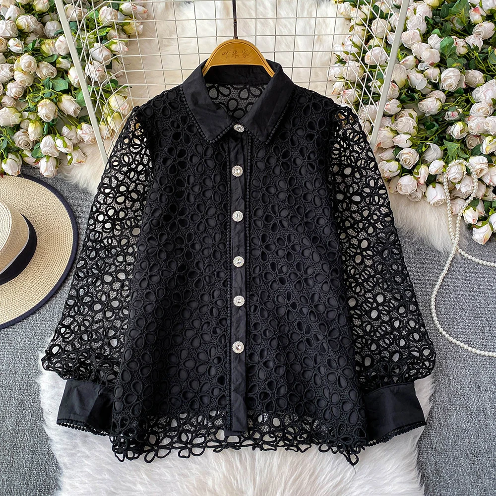 French Style Hollow-out Lace Shirt Women's Lapel Collar Single-breasted Long Sleeve Female Spring Autumn Loose Fit Shirt Tops