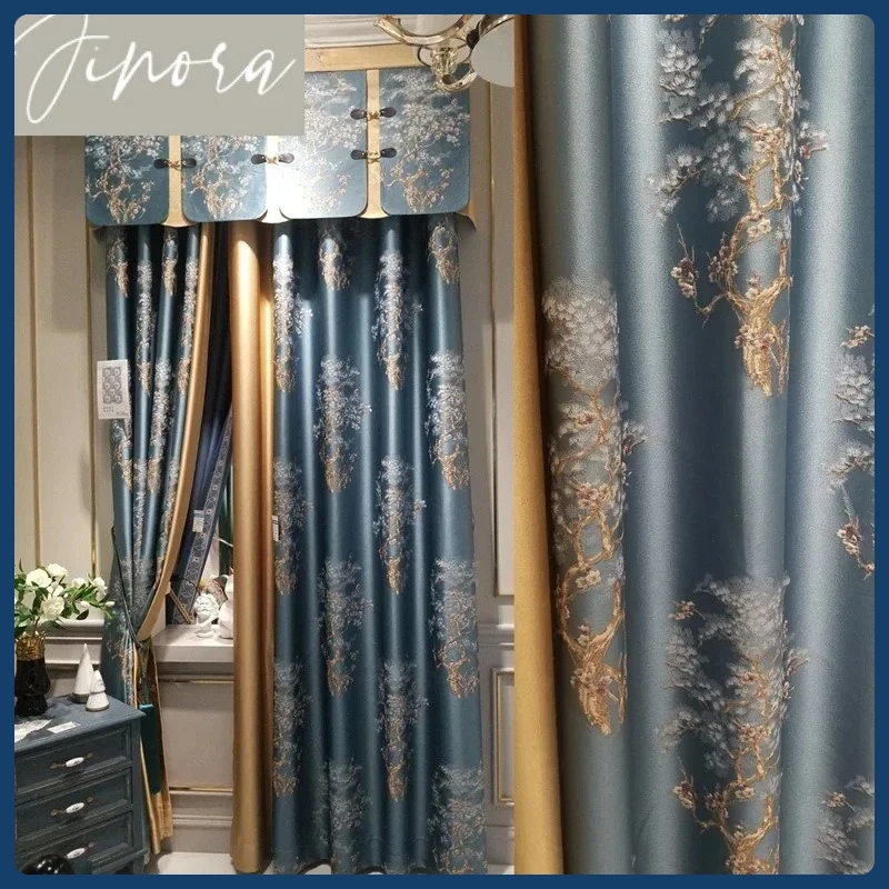 

European Luxury Embroidered Jacquard Curtains for Living Room Bedroom High-end Blackout Blue Curtain Voile Customized Decoration