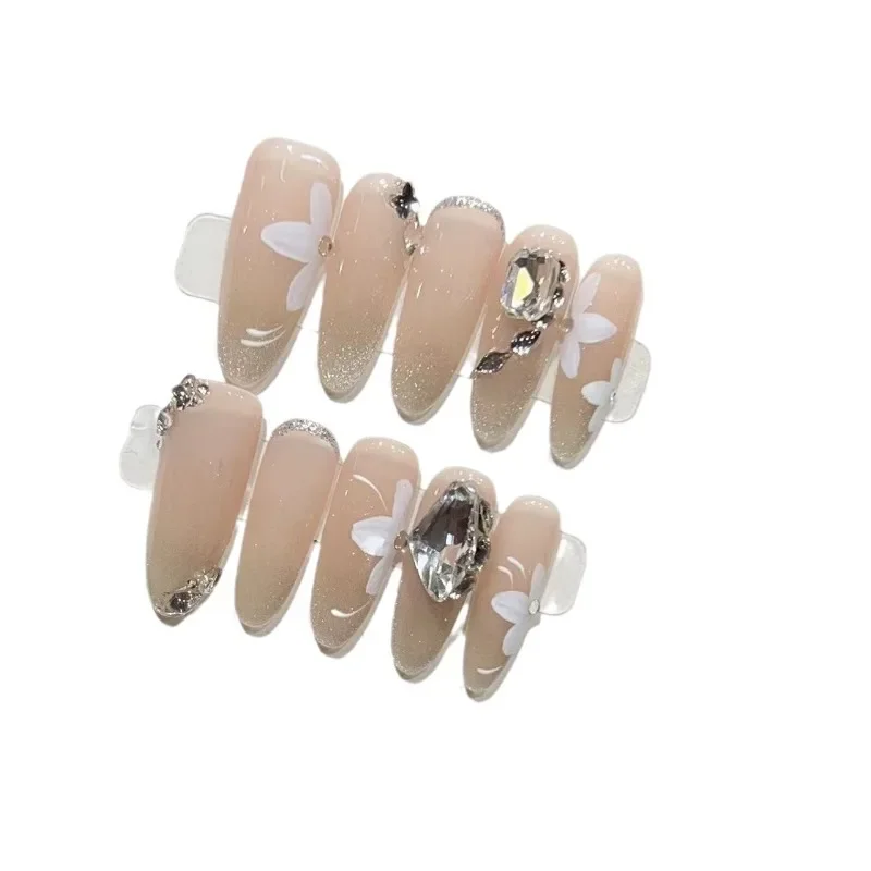 10 Stks/set Volledige Dekking Valse Nagels Pers Op Nagels Nep Nagels Diy Pure Handgemaakte Verwijderbare Nude Cat Eyes Franse Flash Diamanten