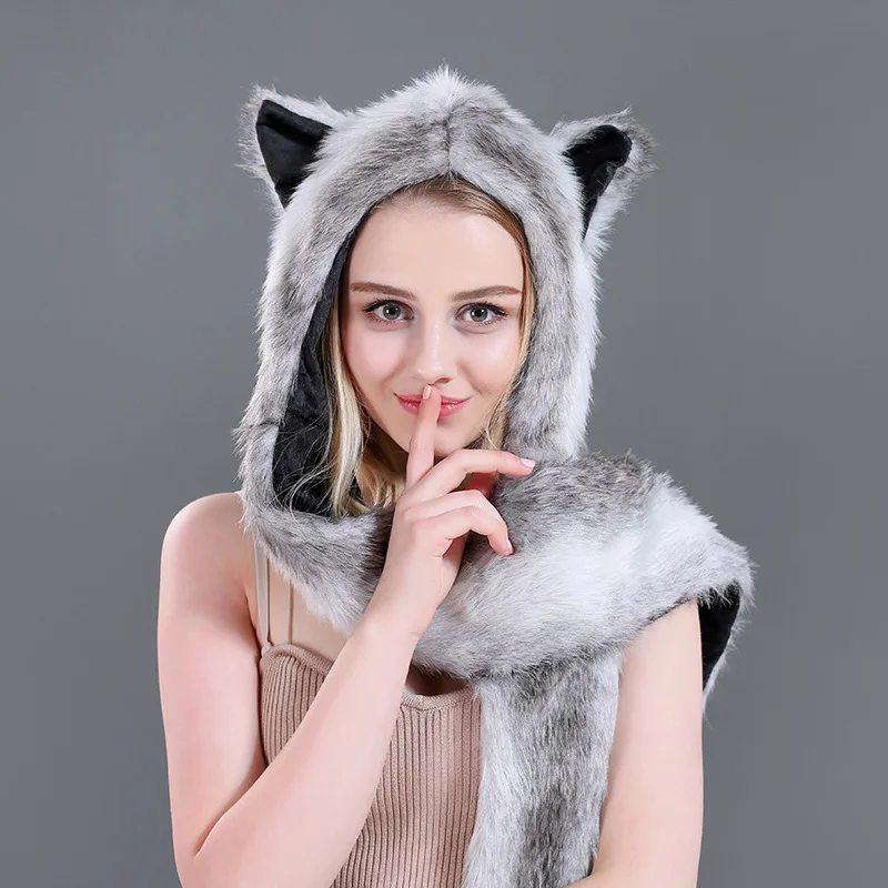 Faux Fur Animal Wolf Tiger Ears Hat Gloves Mittens Long Scarf Snood Hood Paws