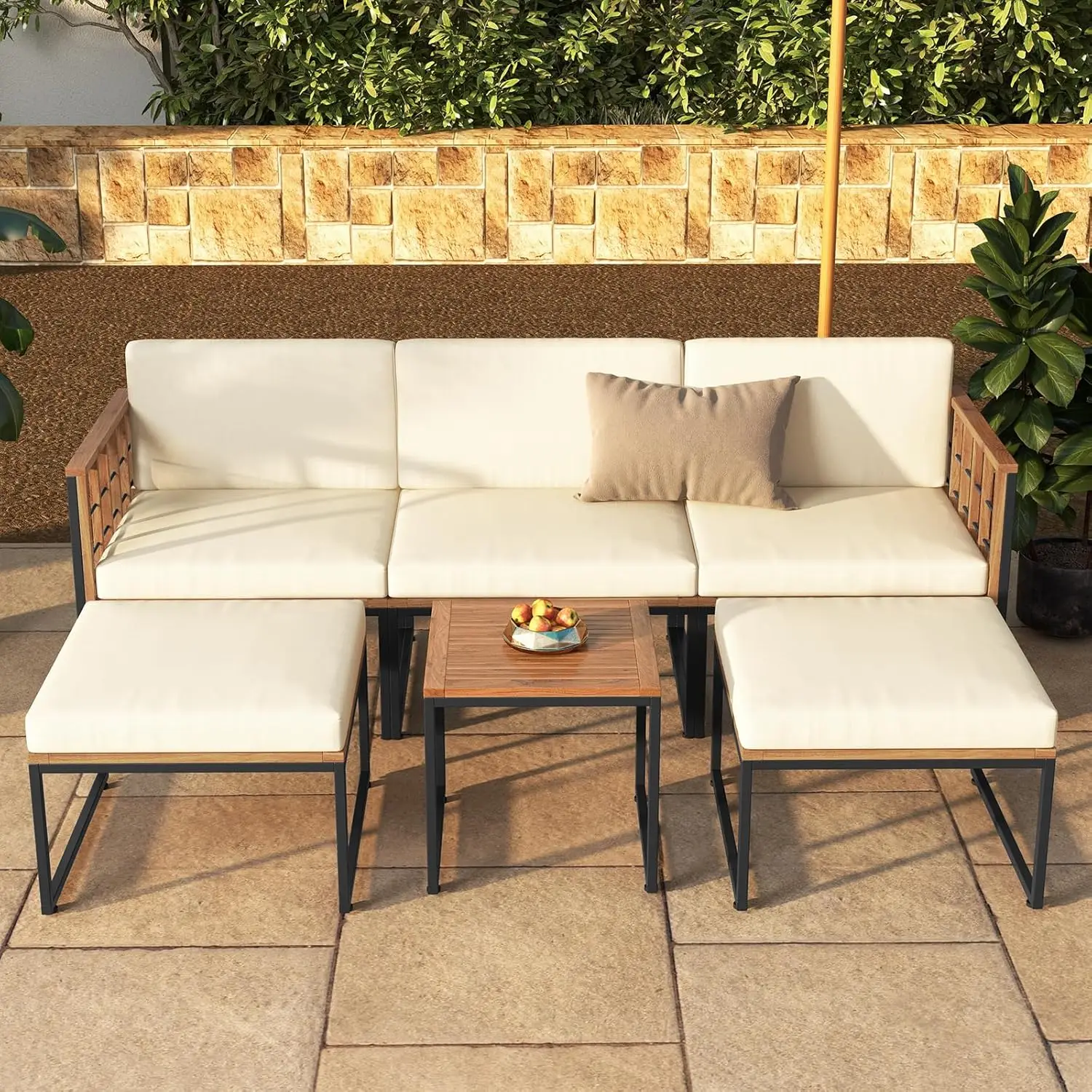 Acacia Wood Patio Furniture Set, Patiojoy Outdoor Sectional Conversation Sofa Set with Cushions, Coffee Table and Ottomans