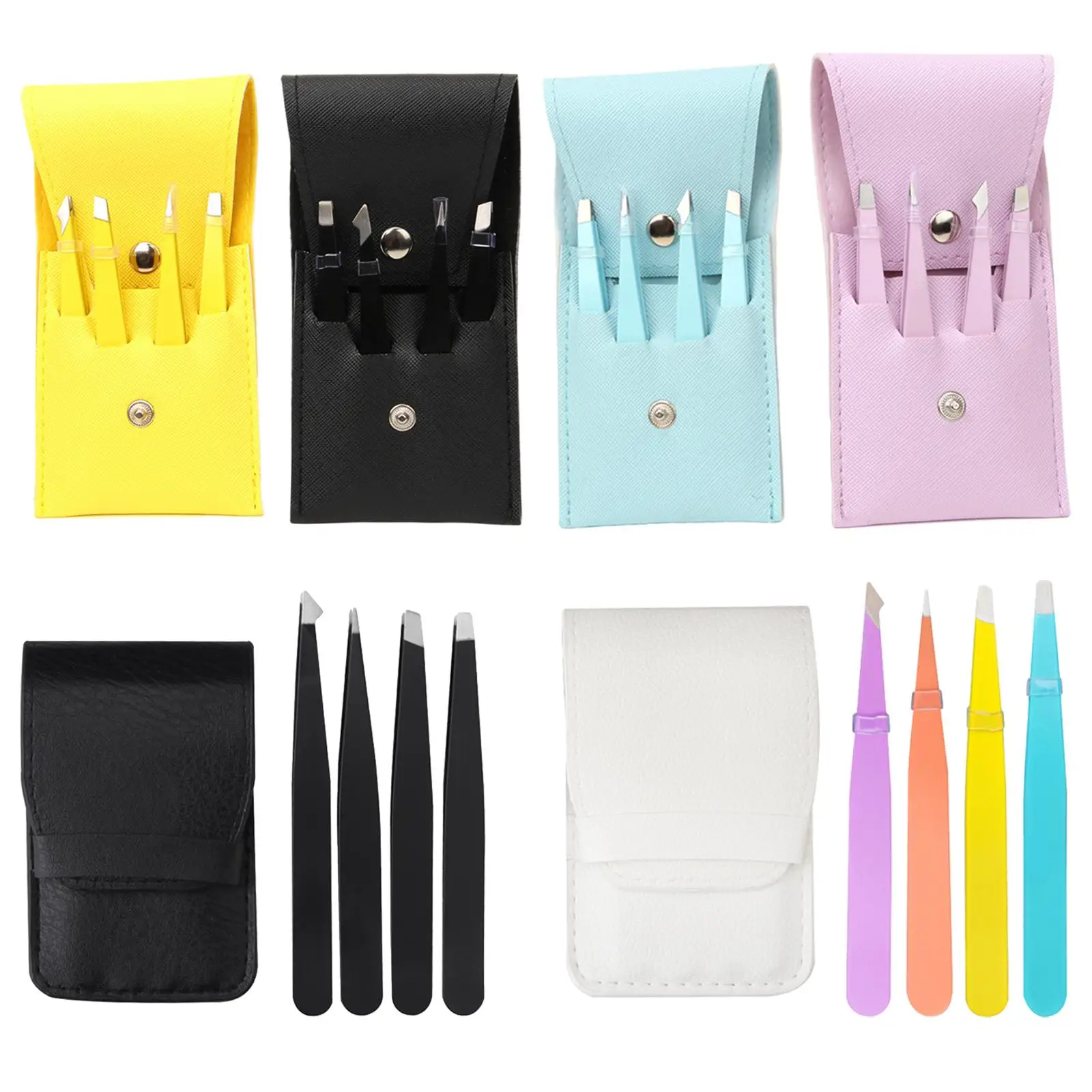 Precision Eyebrow Tweezer Set 4 in 1 Stainless Steel Pointed Slant Flat Tip Tweezers for Facial Hair Shaping False Eyelash