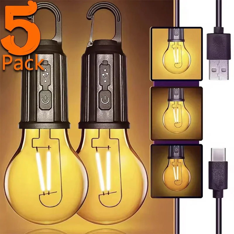 NEW 1-5Pack Retro LED Tungsten Light Bulb USB&Solar Charge Outdoor Hanging Lamp Waterproof Emergency Lamp for Camping Tent