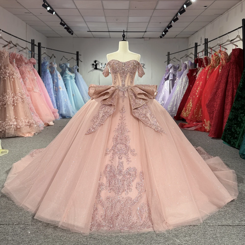 Princess Lace Ball Gown Quinceanera Dresses Customized Birthday Sweet 16 Gown Off Shoulder Short Sleeves Vestido De 15 Anos
