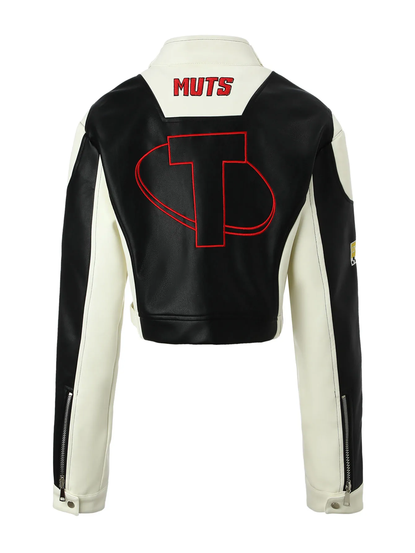 ผู้หญิงสีแดงและสีขาว Colorblock PU Biker Jacket,ขาตั้งซิปด้านหน้า,ตกแต่งเย็บปักถักร้อย,เรขาคณิตกลับ,ฤดูใบไม้ผลิฤดูใบไม้ร่วงOuterwear