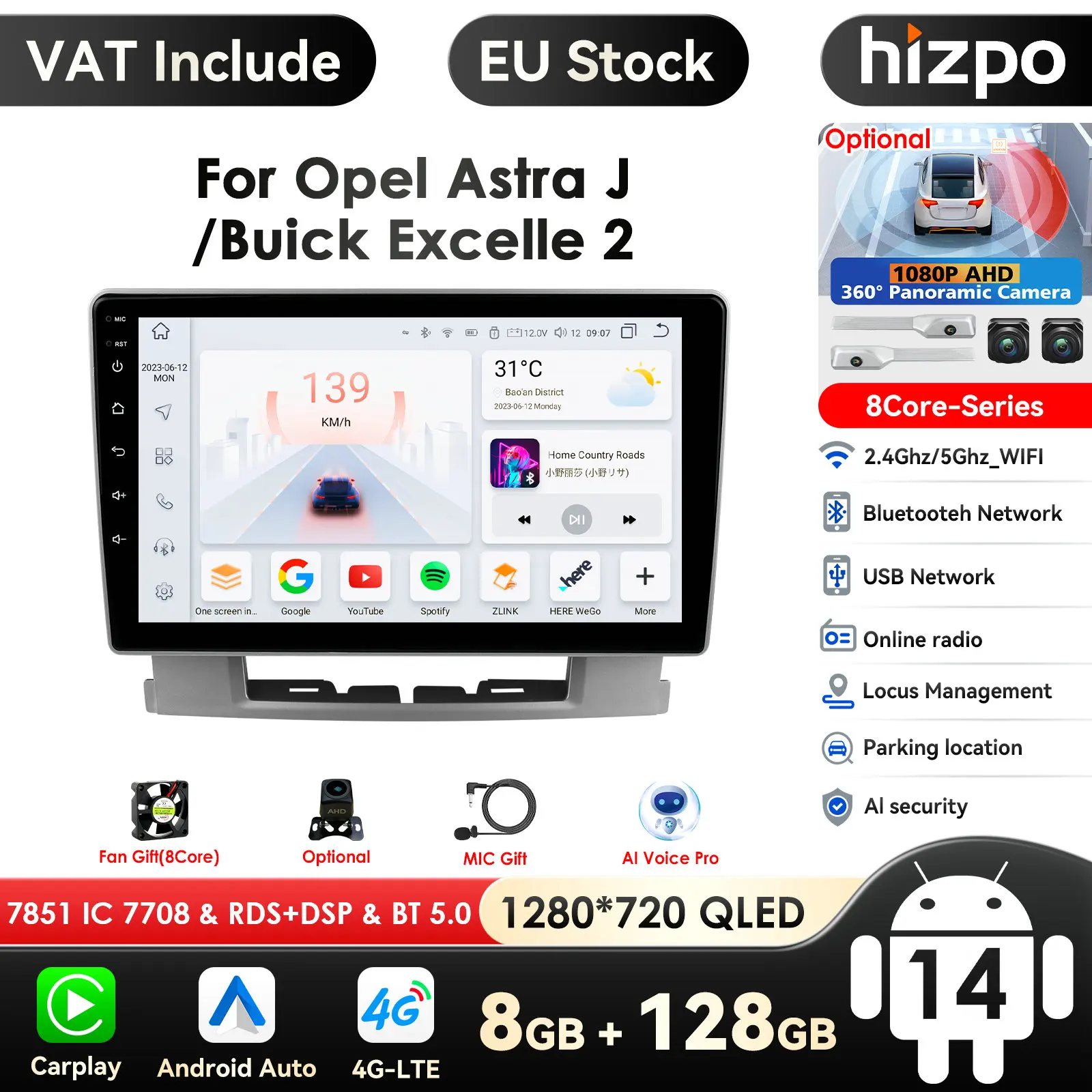 Hizpo Carplay 4G 2Din Android 14 Car Radio for Opel Astra J 2009-2017 Buick Excelle 2 2015 Multimedia Video Intelligent Player