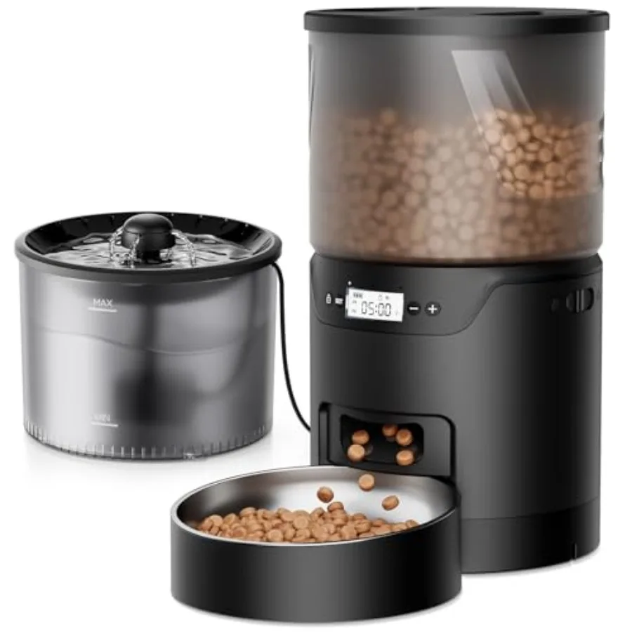 

Automatic Cat Feeder and Water Fountain: 3L Timed Precise Cats Food Dispenserand Reliable Programming 1-6 Meals/Day- 3L Cat Wat
