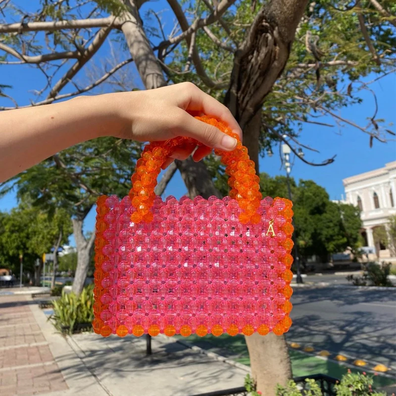 

Fairy Vintage Hollow Out Handmade Beaded Tote Bag Square Contrast Color Handle Ladies Summer Kawaii Sweet Crossbody Bags