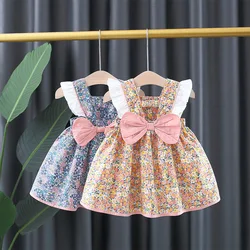 Baby Girls Floral Print Princess Dress With White Lace On The Sides And A Big Bow In The Back