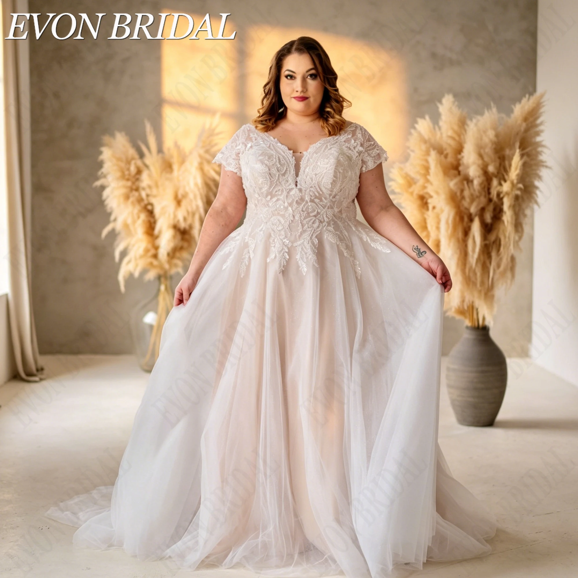 EVON BRIDAL Lace Appliques A-Line Bridal Dress For Curvy Women Cap Sleeve Tulle Wedding Gown Elegant Abito Da Sposa Customized