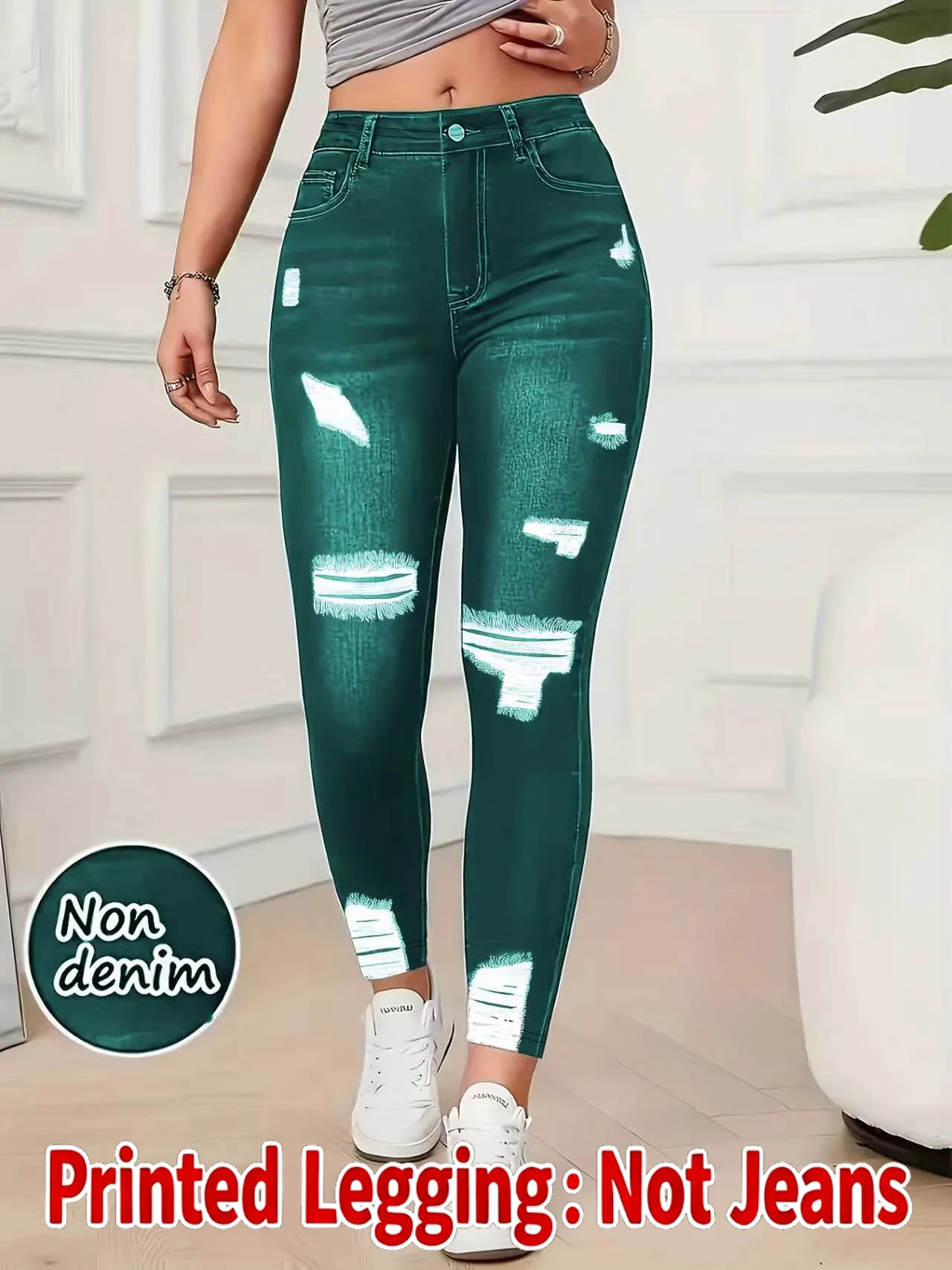 Women Printed Leggings Not Denim Fabric, Fake Pocket & Button Print Design Pants, High Elastic Fashion Slim Fit Skinny Casual