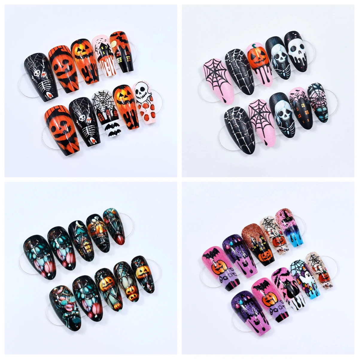 

Halloween Cool Wearable Nail Press on Nails Jelly Glue Spider Web Black House Skeleton Pumpkin Shark Teeth Fake Nail