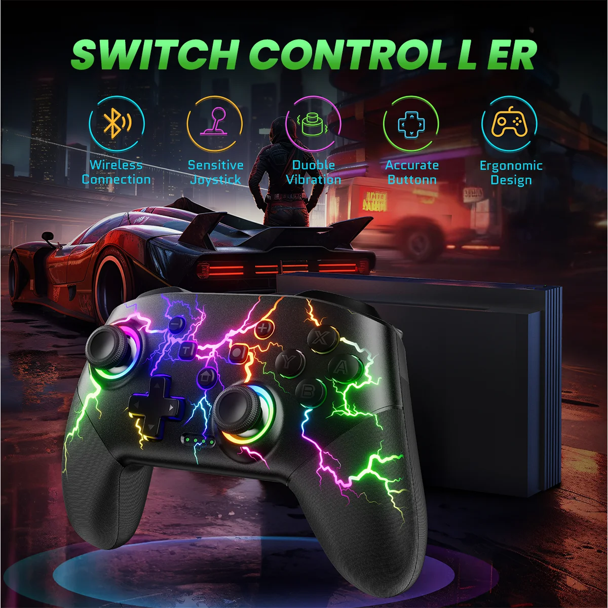 Switch Controller Compatible with Switch/Switch Lite/Switch OLED/Windows/iOS/Android, RGB Lightning Programmable 1000mAh Wireles