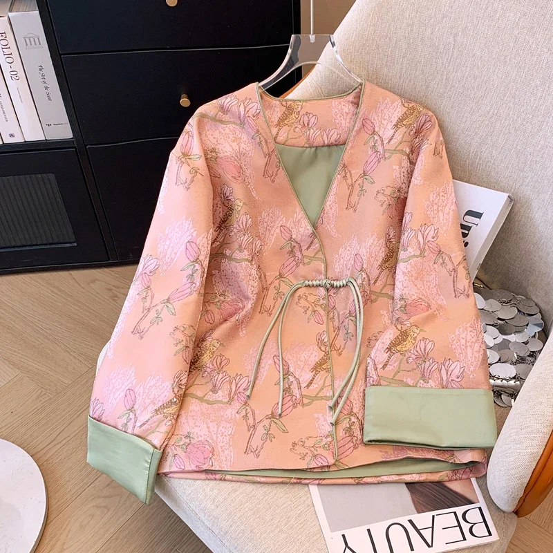 Insozkdg National Style Buckle Coat Women New Chinese-style Floral Suit 2024 Autumn V-neck Color-blocking Design Sense Suit Top